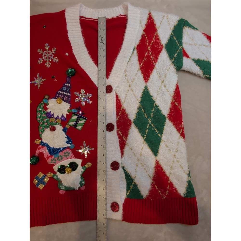 Holiday Time Kids Ugly‎ Christmas Sweater Cardigan Gnome Red M 8-10 Argyle
